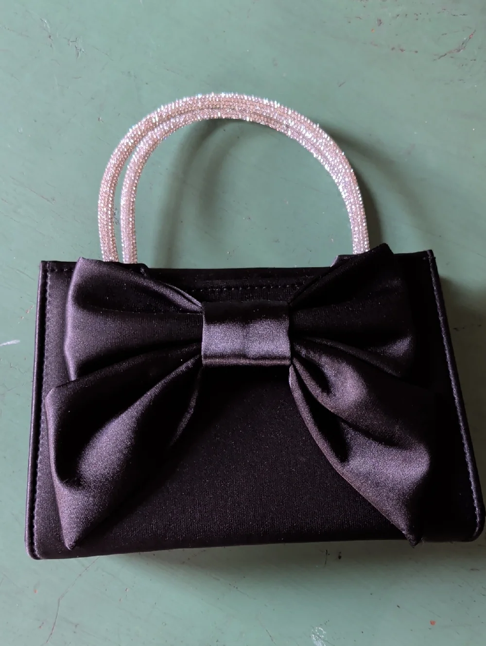 Elegant Black Bow Satin Handbag with Rhinestone Handles Formal Prom Event - Picture 2 of 10